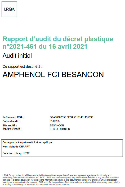 Rapport d'audit du décret plastique pour Amphenol FCI à Besançon